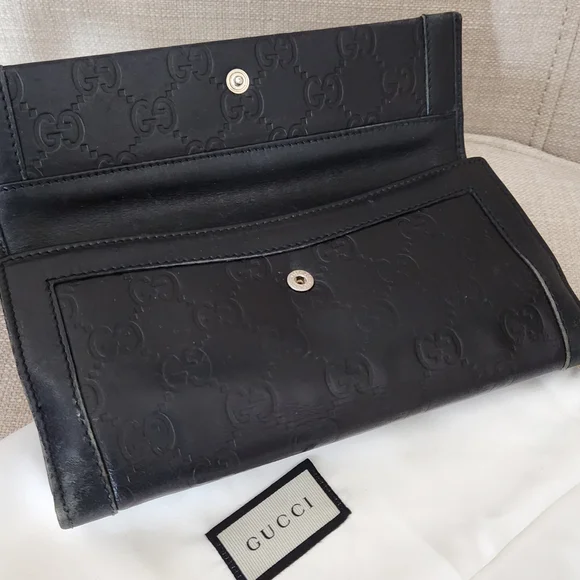 Gucci GG Black Guccissima Long Trifold Snap Wallet W/ Gucci Gold Horsebit Accent - Picture 3 of 16